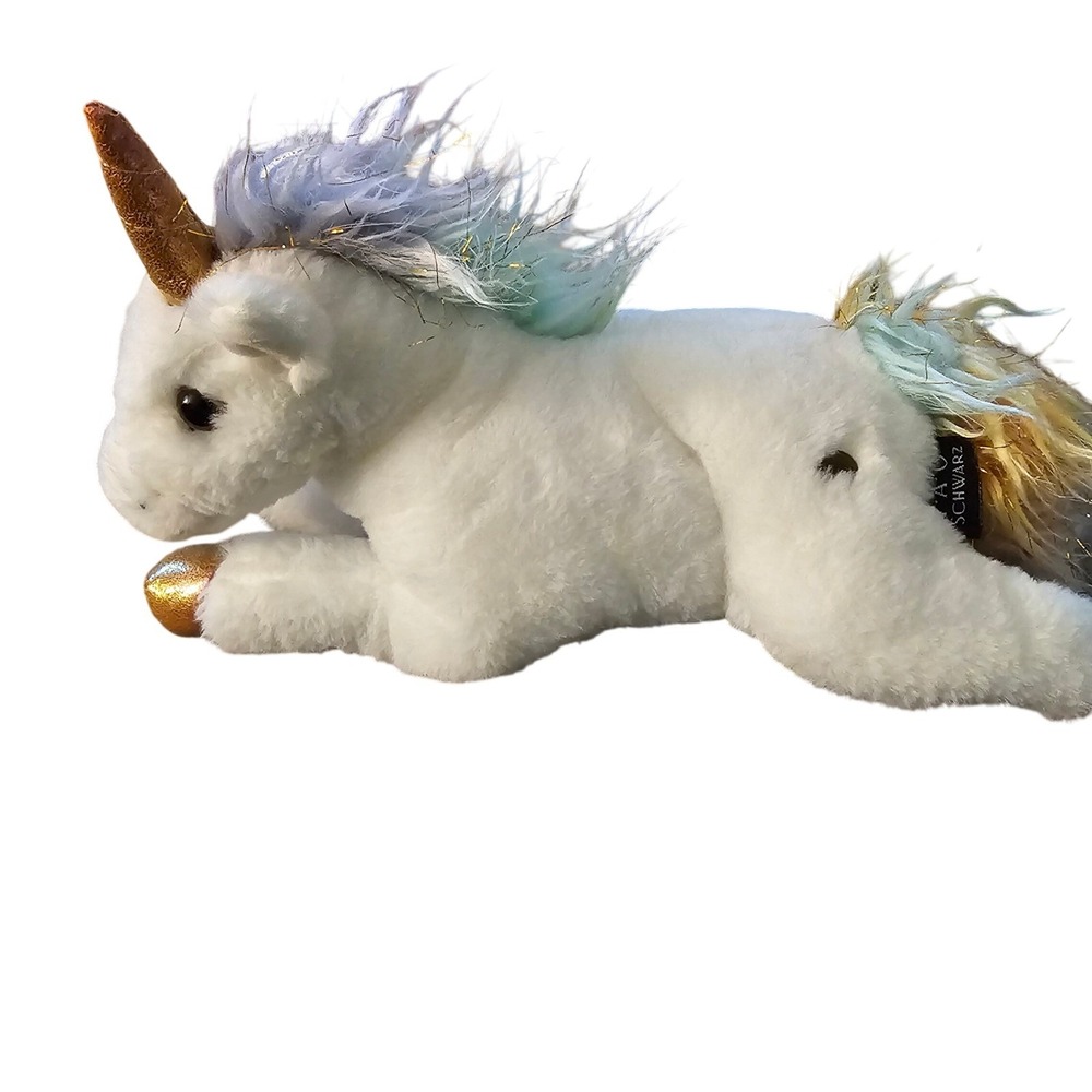 FAO Schwarz White Unicorn Plush Golden Horn Mane Tail Sparkle‎ Toy